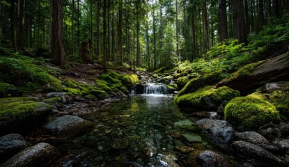 Obraz premium Lush forest creek. Sunlight streams through trees. Moss-covered rocks
