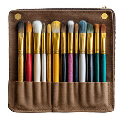 A leatherette brush case holds a collection of assorted paint or makeup brushes.  Handles are gold.  Brushes vary in color and style
