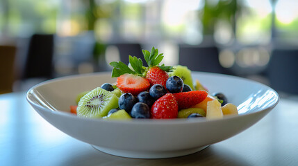 Vibrant Fruit Salad: A refreshing fruit salad is artfully arranged in a pristine white bowl, a symphony of colors and textures that tantalize the senses.