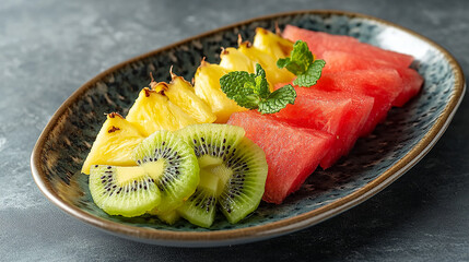 Colorful Fruit Platter: A vibrant arrangement of tropical fruits - pineapple, kiwi, and watermelon - artfully displayed on an elegant ceramic plate, enhanced by a sprig of fresh mint.