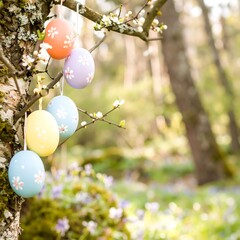 Colorful Easter eggs hanging from a tree branch in a spring forest
