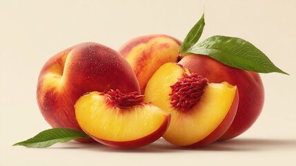Fresh peaches, whole and sliced, with leaves, on a light beige surface