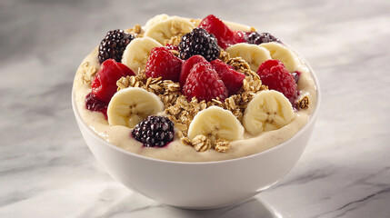 Fresh Fruit Bowl: A tantalizing, mouthwatering bowl of fresh fruits, with bananas, raspberries, blackberries, and granola. A light and airy, a burst of flavors and textures
