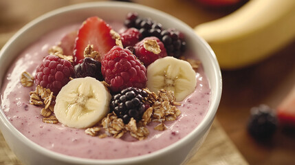 Delicious Smoothie Bowl: A visually appealing smoothie bowl is filled with a vibrant mix of fresh berries and tropical fruits, topped with crunchy granola, symbolizing a healthful meal