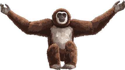 Obraz premium A digital illustration depicts a brown gibbon ape sitting with its arms outstretched against a pure white background. The gibbon is rendered in detail, showcasing its fur, hands,