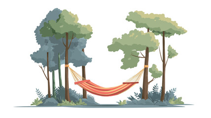Digital illustration depicting an orange hammock suspended between two groups of stylized trees. The trees are rendered in shades of green and gray-green, with simplified foliage.  