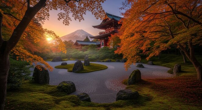 Serene Japanese Garden at Sunset with Mount Fuji and Autumn Foliage creating a scenic zen landscape - Powered by Adobe