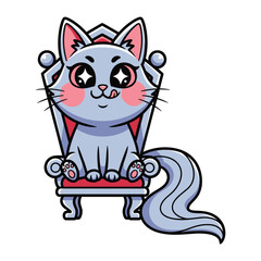 Royalty's Cuteness: An adorable cartoon cat, sits regal on an ornate throne, her charming expression and playful demeanor radiating warmth and joy. 