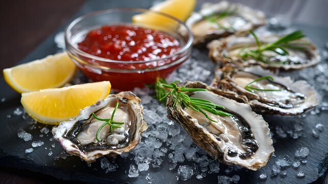 Delicious oysters on ice with lemon and sauce gourmet seafood restaurant fresh raw oyster bar experience