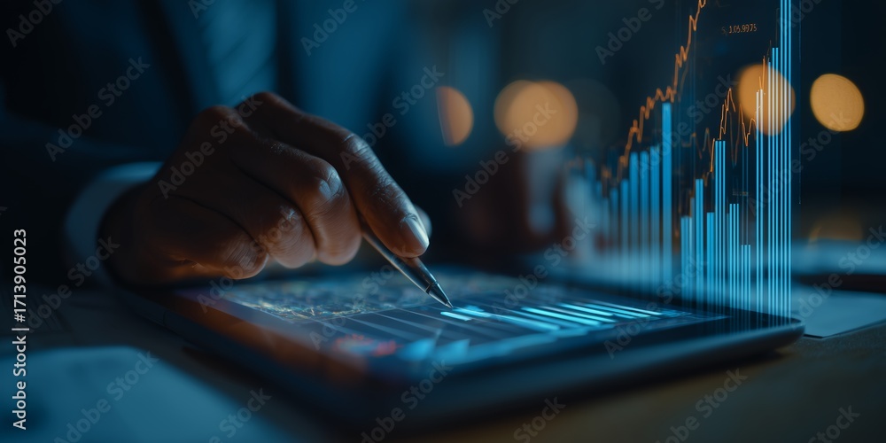 Aufkleber business professional analyzing financial data on tablet with digital graphs and charts displayed