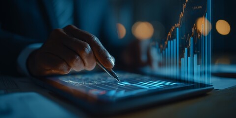 Business professional analyzing financial data on tablet with digital graphs and charts displayed