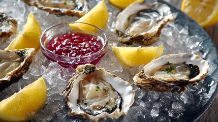 Fresh oysters on ice with lemon wedges and sauce seafood delicacy gourmet appetizer restaurant dish raw bar experience