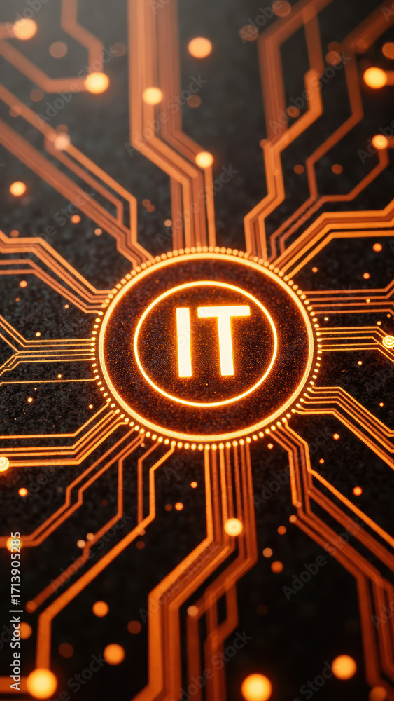 Poster high tech circuit board design featuring glowing orange lines and text it at center, symbolizing tec