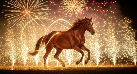 Brown horse running amidst colorful fireworks for New Year 2026  