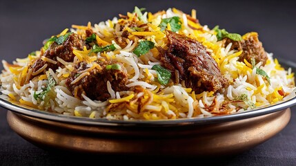 Biryani, a layered rice dish with meat, on a metal plate