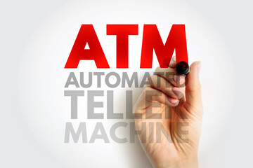 ATM Automated Teller Machine - electronic banking outlets that allow people to complete transactions without going into a bank, acronym text concept background