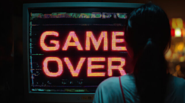 Game Over Screen Reflection: A gamer’s reflection of defeat. The game screen prominently displays GAME OVER, conveying a sense of finality and reflecting the emotions of the player. - Powered by Adobe