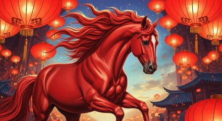 Red horse galloping amidst glowing lanterns celebrating New Year 2026  