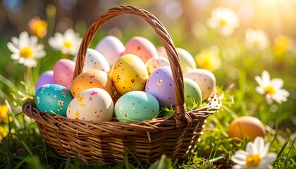 Colorful Easter eggs in a basket amongst flowers
