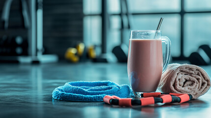 Fueling Fitness: A pre-workout smoothie and workout accessories arranged on the ground, signifying a holistic approach to health, emphasizing the balance between training and nutrition.