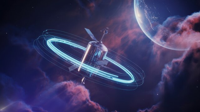 Futuristic spaceship with glowing blue energy ring in nebula