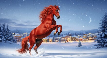Red horse rearing in snowy landscape under moonlight for New Year 2026  
