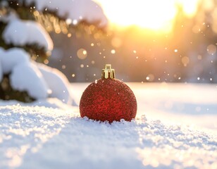 Christmas ornament in snowy landscape at sunset