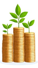 Stacks of gold coins growing with plants
