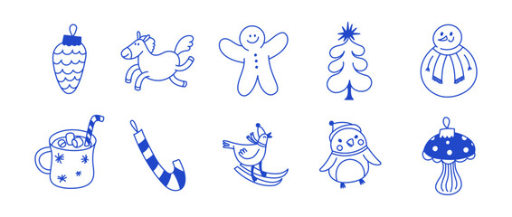 Vector illustration in simple hadn drawn style, in trendy playful whimsical quirky style, for Christmas and New Year prints, cards, banners, with funny and friendly mascot and character