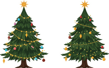 Christmas tree decorations, festive holiday trees, ornament styles, golden star topper, seasonal celebration, stylized vector, winter decor, gift design, vibrant foliage