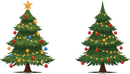 Christmas tree decorations, festive holiday trees, ornament styles, golden star topper, seasonal celebration, stylized vector, winter decor, gift season, vibrant foliage