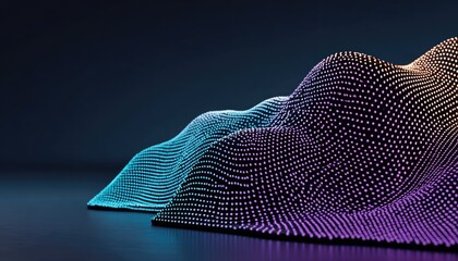 Abstract 3D rendering of two glowing, undulating, point-cloud landscapes in teal and purple, reflecting on a dark surface