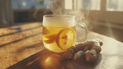 Invigorating Tea Ritual: A transparent glass mug steams invitingly on a rustic wooden surface, adorned with slices of vibrant lemon and fresh ginger.