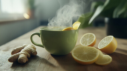 Aromatic lemon tea: A steaming cup of revitalizing tea sits serenely on a rustic wooden surface, adorned with fresh lemon slices and a ginger root