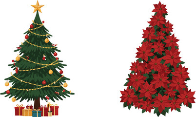 Christmas tree illustration, poinsettia tree design, holiday decor, festive season, floral arrangement, gift boxes, stylized vector, winter celebration, vibrant red