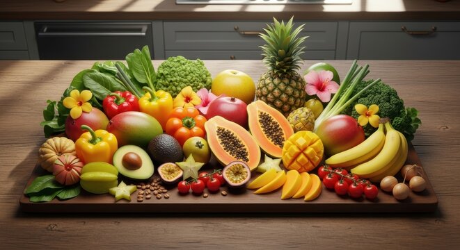 Vibrant display of assorted fresh produce on a rustic wooden surface evokes healthy eating and - Powered by Adobe