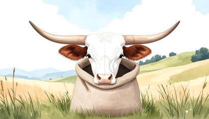 Cute longhorn cattle in a sack.  Landscape background