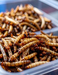 Close-up of dried mealworms in a plastic container