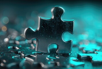 Single dark puzzle piece on a bed of pieces