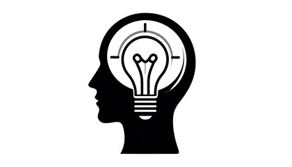 A stylized silhouette of a head with a lightbulb inside, representing the concept of innovative thinking.