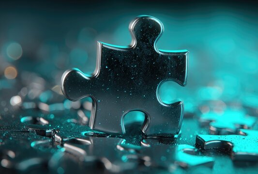 Single dark puzzle piece on a bed of pieces