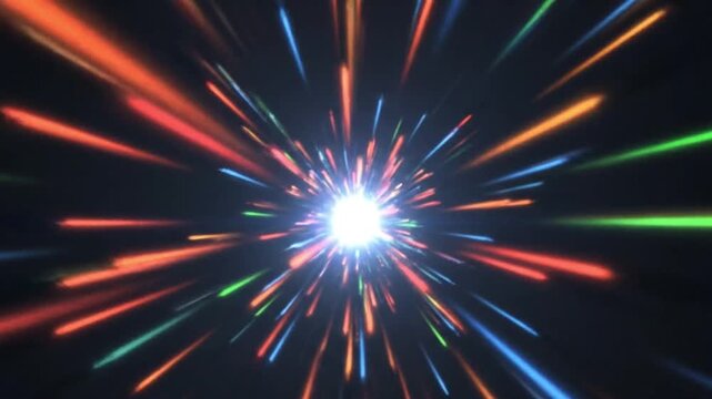 Futuristic abstract background of radial light streaks moving at hyper speed, illustrating a vibrant journey through a space time continuum