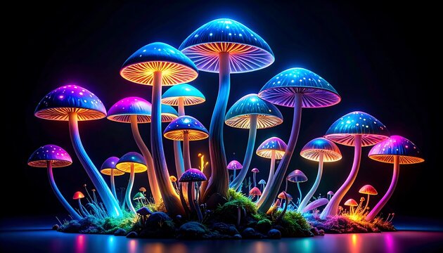 Vibrant glowing mushrooms on dark background - Powered by Adobe