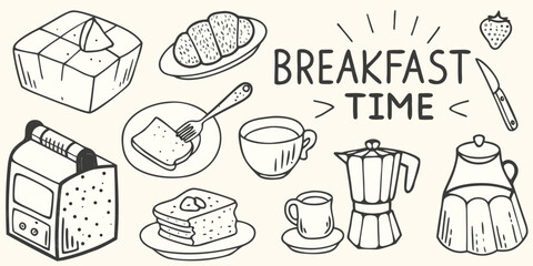 Hand drawn doodle illustration of various breakfast items and the words breakfast time