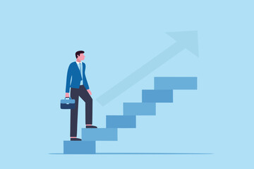 Fototapeta premium Businessman climbing stairs representing career growth and success with an upward arrow graphic