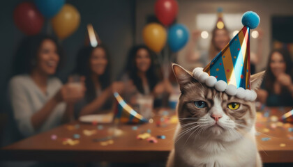 A sullen-looking cat with heterochromia, wearing a bright party hat, stands in the foreground of a bustling celebration. Several people at a festive table are seen in the blurred background