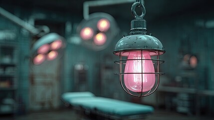 Dimly lit operating room, vintage medical lamps