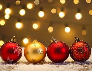 Christmas ornaments against a backdrop of warm holiday lights