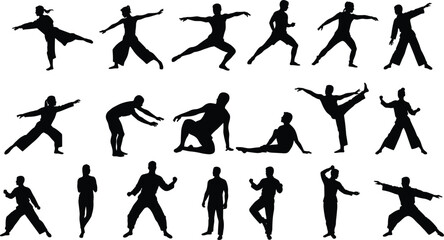 Black silhouette human figures in dynamic poses, dance, martial arts, exercise, movement, fitness, action, sports, choreography, performance, body posture, physical activity, illustration