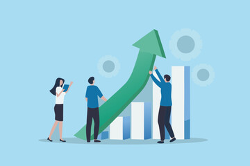 Teamwork and collaboration driving business growth and financial success with upward trending graph